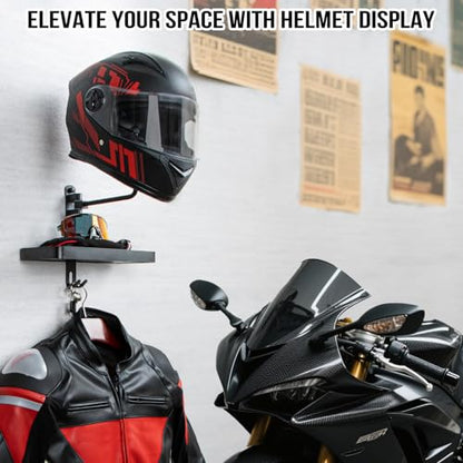 PUERSI Helmet Holder Wall Mount with Shlef, 180° Rotation Helmet Storage Rack for Motorcycle Bike Racing Outerwear Sports Gear Display Motorcycle Accessories - 1 Pack - style: 1 Pack with Shelf