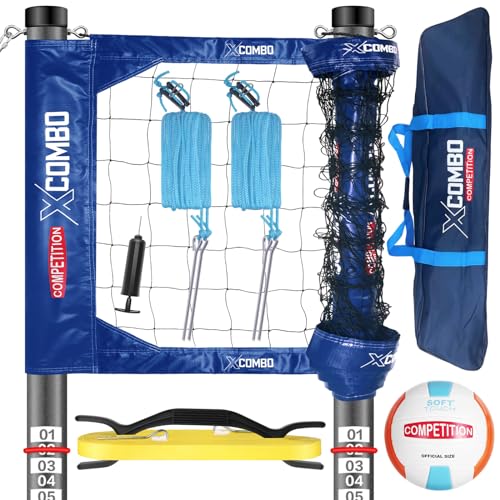 Professional Volleyball Net Set Heavy Duty for Outdoor Backyard Portable with Aluminum Adjustable Height Scoring Poles, Regulation Nets System for Tournament, Grass - color: Blue