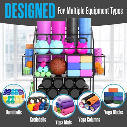 Houseables Workout Equipment Storage, Exercise Equipment Storage, Home Gym Organizer, Weight Rack for Home Gym, Kettlebell Rack, Weight Dumbbell Holder Cart, Yoga Organization Shelf, Rolling, 3 Tier