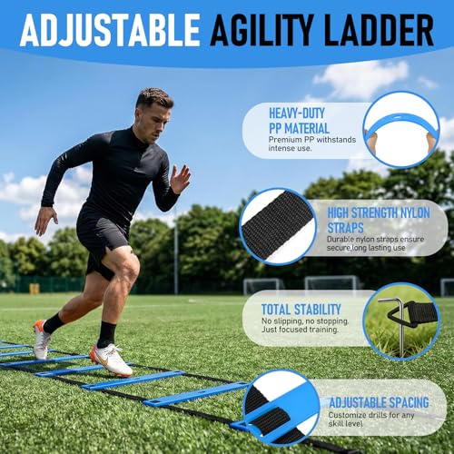 Agility Ladder,Soccer Training Equipment Set,20ft Speed Ladder,4 Agility Hurdles,Football Basketball Training Equipment,Football Accessories for Kids Youth Adults | Footwork, Speed & Agility Training - color: Blue