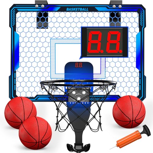 HYES Basketball Hoop Indoor, Mini Basket Ball Hoop with 7 LED Lighting, Scoreboard, Over Door Basketball Hoop with 3 Modes, Volume Adjustable, Foldable, Basketball Toys Gifts for Kids Adults - size: blue- without remote controller