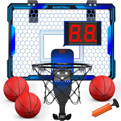 HYES Basketball Hoop Indoor, Mini Basket Ball Hoop with 7 LED Lighting, Scoreboard, Over Door Basketball Hoop with 3 Modes, Volume Adjustable, Foldable, Basketball Toys Gifts for Kids Adults - size: blue- without remote controller