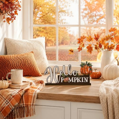 Smile Fall Thanksgiving Wooden Standing Decor, Hello Pumpkin Rustic Wood Tiered Tray Sign with Stand for Rustic Farmhouse Home Kitchen Shelf Mantel Decor - style: Letter Pumpkin