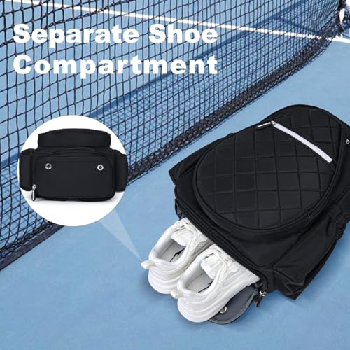 KAVIGOR Pickleball Bag, Quilted Pickleball Backpack with Shoe Compartment & Waterproof Pocket, Pickle Ball Paddle Bag Fits 2 to 4 Paddles for Women and Men - color: Black