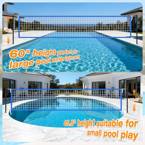 AugFir Inground Pool Volleyball Net Set, Adjustable Length & Height Pool Volleyball Net, Compatible with 3 Universal Ground-Mounted Bases, Includes 2 Glow-in-the-Dark Inflatable Pool Volleyballs