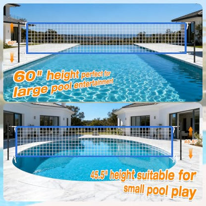 AugFir Inground Pool Volleyball Net Set, Adjustable Length & Height Pool Volleyball Net, Compatible with 3 Universal Ground-Mounted Bases, Includes 2 Glow-in-the-Dark Inflatable Pool Volleyballs