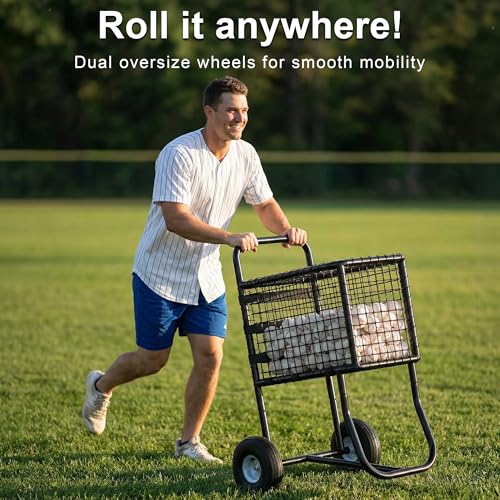 GARVIN Baseball Cart with Wheels – Heavy-Duty Powder-Coated Steel Frame, Holds 300+ Baseballs or 150 Softballs, 10.5" All-Terrain Wheels, Ball Transport Cart for Field & Training