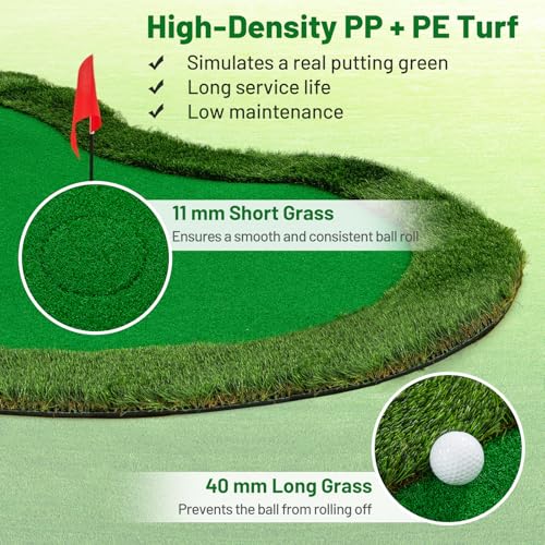 Tangkula 10 FT Golf Putting Green, Large Professional Golf Training Mat with Realistic Artificial Grass Turf, 3 Holes, 3 Flags and Cups for Indoor Outdoor Putting Practice - size: 10 FT x 5 FT, style: Waved