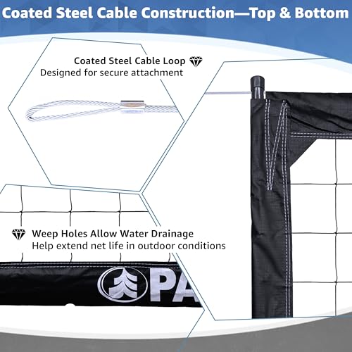 Park & Sun Sports BC-400 Professional Outdoor Volleyball Net – Regulation 39" x 32' – 18 oz Vinyl Tapes with Coated Steel Cables (Top & Bottom), Black