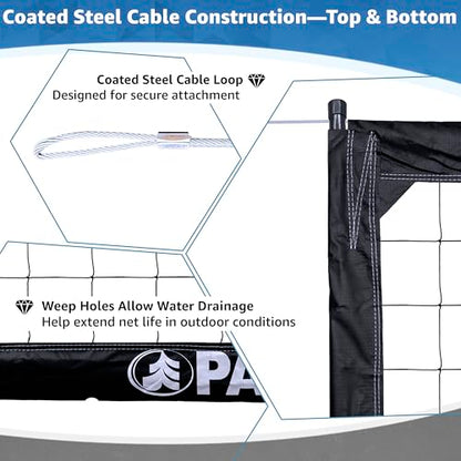 Park & Sun Sports BC-400 Professional Outdoor Volleyball Net – Regulation 39" x 32' – 18 oz Vinyl Tapes with Coated Steel Cables (Top & Bottom), Black
