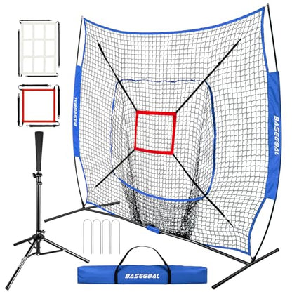 BaseGoal 7'×7' Baseball Softball Practice Net,Baseball Backstop,with Batting Tee,for Hitting Pitching Batting Catching with Bow Frame,Bonus Strike Zone - style: Blue-A