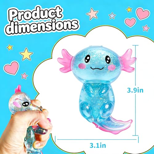 2 Pcs Axolotl Squishy Stress Relief Toy, Stretchy Axolotls Stress Soft Squeeze Sensory Fidget Toys for Kids Adults, Cute Axolotls Squishies Party Favors Classroom (BluePink)