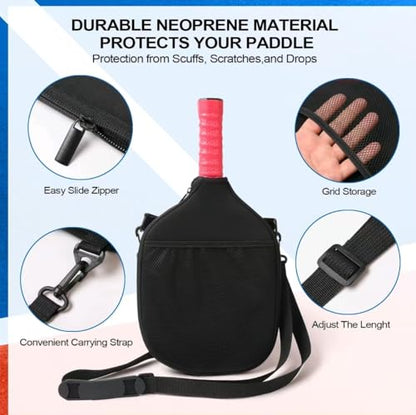 Water Resistant Pickleball Paddle Cover & Protective Carry Case w/Pockets, Adjustable Crossbody Strap, Ball Holder & Fence Hook - Fits Standard & Extended Paddles - Gifts for Men Women