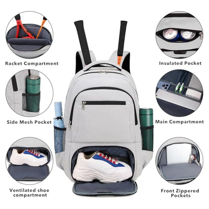 ACESAK Tennis Backpack Tennis Bag for Women Men - Tennis Bag Holds 2 Rackets, Badminton Squash, Pickleball Paddles Balls - color: Grey