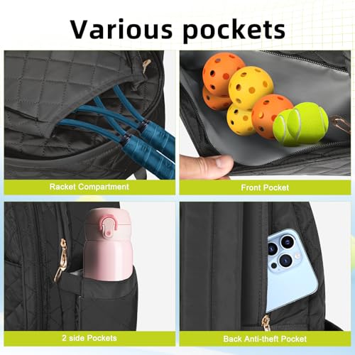 Tennis Bags for Women, Tennis Backpack Pickleball Racket Bags,Water-Resistant Sling Tote Padel Bag for Pickleball Tennis Badminton, Cute Gifts for Women Girl, Duffle Bag Gym Travel - color: Black