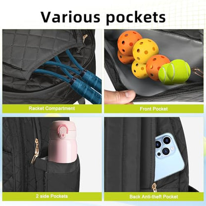Tennis Bags for Women, Tennis Backpack Pickleball Racket Bags,Water-Resistant Sling Tote Padel Bag for Pickleball Tennis Badminton, Cute Gifts for Women Girl, Duffle Bag Gym Travel - color: Black