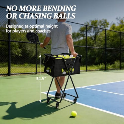 Tennis Ball Hopper Cart with 4 Wheels，Foldable Large Capacity Pickleball & Tennis Ball Collector for Court Training, Coaching