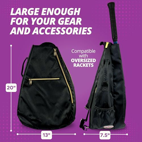Womens Tennis Backpack - Taboo Fashions Ladies Tennis Bag Holds Two Racquets, Padded Straps and Side Carry Handle - color: Black, Gold