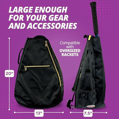 Womens Tennis Backpack - Taboo Fashions Ladies Tennis Bag Holds Two Racquets, Padded Straps and Side Carry Handle - color: Black, Gold