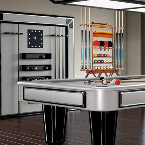 Billmart Wall Mount Pool Stick Holder, 2-in-1 Pool Stick & Ping Pong Paddle Holder, Solid Wood Cue Rack with Storage for Pool Table Accessories, Amber - color: 2-IN-1-Amber