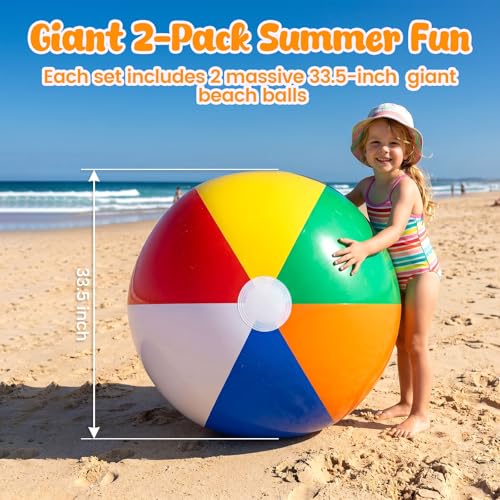 FUTUREPLUSX 2 Pack Jumbo Beach Balls, 33.5 Inch Inflated Large Rainbow Inflatable Ball for Summer Swimming Pool Parties, Outdoor Beach Games, Birthday Party Decorations for Kids and Adults
