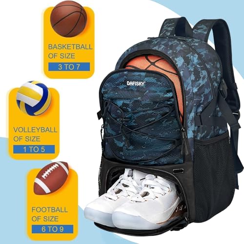 DAFISKY Basketball Backpack, Basketball Bag with Ball Holder Shoes Compartment, Sports Equipment Bag for Soccer Ball, Volleyball - color: CamoBlue