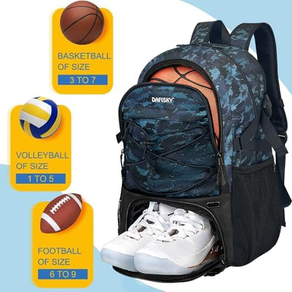 DAFISKY Basketball Backpack, Basketball Bag with Ball Holder Shoes Compartment, Sports Equipment Bag for Soccer Ball, Volleyball - color: CamoBlue