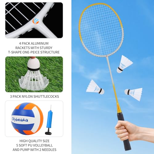 Badminton & Volleyball Combo Set 32 ft with Net, Anti-Sagging Design, 4 Badminton Rackets, 3 Birdies and PU Volleyball for Backyard Lawn Beach - color: Bright Orange