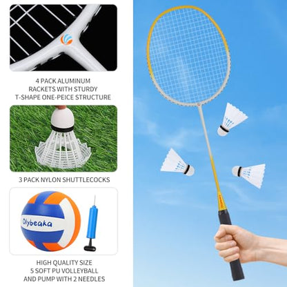 Badminton & Volleyball Combo Set 32 ft with Net, Anti-Sagging Design, 4 Badminton Rackets, 3 Birdies and PU Volleyball for Backyard Lawn Beach - color: Bright Orange