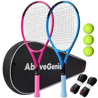 AboveGenius Neon Tennis Rackets 2 Pack for Adults- 27" Lightweight Aluminum Tennis Racquet Set with 3 Balls & Bag- Vibrant High-Visibility Matte Finish for Men Women Beginners - color: Pink/Blue