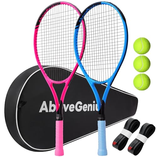 AboveGenius Neon Tennis Rackets 2 Pack for Adults- 27" Lightweight Aluminum Tennis Racquet Set with 3 Balls & Bag- Vibrant High-Visibility Matte Finish for Men Women Beginners - color: Pink/Blue