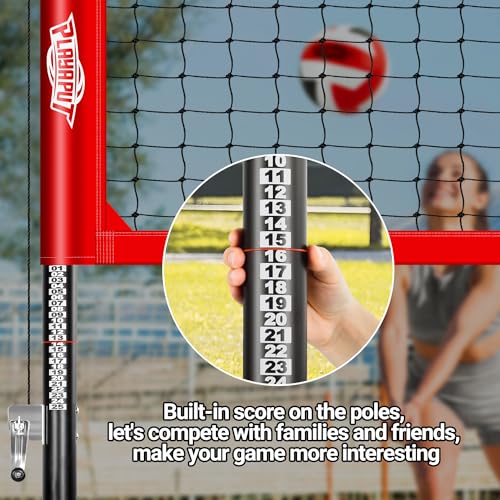 PLAYAPUT Outdoor Professional Volleyball Net System, Aluminum Poles with Scoring System and Anti-Sag Winch, Easy Adjust Heights Portable Volleyball Net for Backyard,Beach, Grass