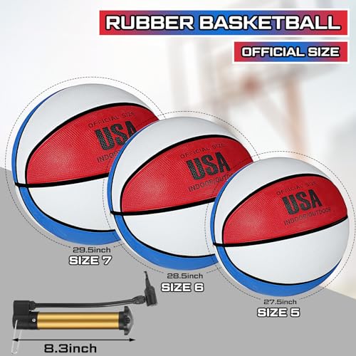 Junkin 6 Pcs Rubber Basketball Bulk with Pump Training Basketball Set Official Indoor Outdoor Basket Ball Training Streetball for Game School PE Class Practice Kid Youth Teen Sport Gift
