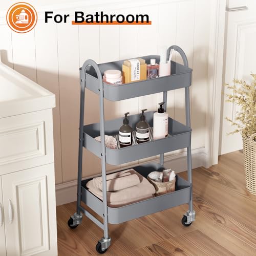 NEWBULIG 3-Tier Metal Rolling Cart with Lockable Wheels, Heavy Duty Mobile Utility Storage Shelf, Roller Book Snack Cart, Grey - color: Gray, size: 3 Shelves