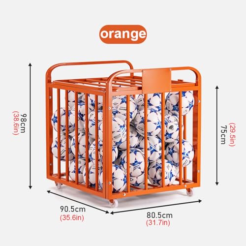 Orange Rolling Basketball Storage Cart Kindergarten School Soccer Volleyball Ball Cart Sports Equipment Organizer Large Folding Ball Cage for Garages, Playgroup, Gym