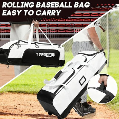 Baseball Bag with Wheels for 4 Bats,Soft Rolling Baseball Bag With Multi-Pockets, Fence Hook, Holds All Baseball Equipment. - color: White/Blk