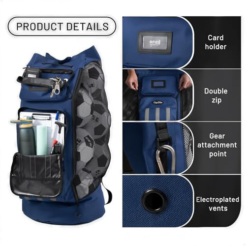 OrgaWise XXL Soccer Ball Bags for Coaches | 600D Oxford Cloth | SBS Zippers | Card Holder | Night Reflective Strips | Plated Holes | Chest Strap | Carry Handle - color: Blue