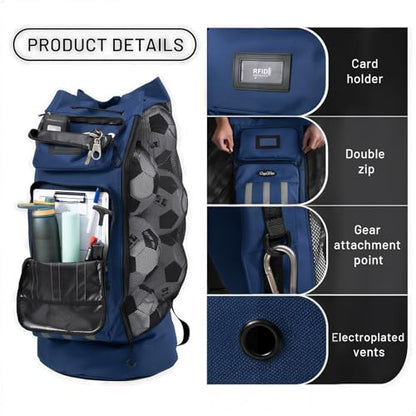 OrgaWise XXL Soccer Ball Bags for Coaches | 600D Oxford Cloth | SBS Zippers | Card Holder | Night Reflective Strips | Plated Holes | Chest Strap | Carry Handle - color: Blue