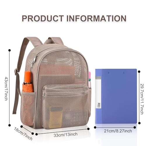 Oraben Heavy Duty Mesh Pack With Rain Cover See Through Backpack Mesh Backpack Bookbag Ideal for Class, Work, Travel, Beach Outings (Khaki) - color: Khaki