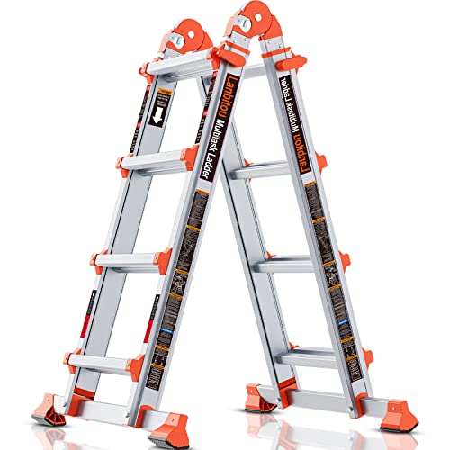 LANBITOU Ladder, A Frame 4 Step Ladder Extension, 14 FT Anti-Slip Multi Position & Storage Folding Ladder, 330 lbs Security Load Telescoping Aluminum Ladders for Stairs Home Indoor Outdoor Roof - color: Silver, size: 14FT