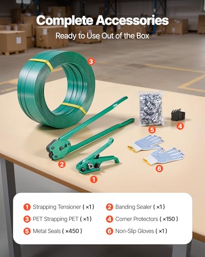 VEVOR Banding Strapping Kit, Heavy Duty Banding Sealer Tool with 1500 ft PET Band, 450 Metal Seals, 150 Corner Protectors & Gloves, Plastic Pallet Packaging Strapping Kit for Warehouse/Shipping/Moving