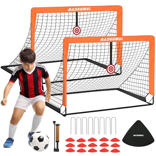 BaseGoal Soccer Goals for Backyard Set of 2, 4x3ft Kids Soccer Goal Portable Pop Up Soccer Net for Kids & Youth, Outdoor Soccer Training Equipment with Soccer Ball, Cones, Targets & Accessories - color: Orange Black