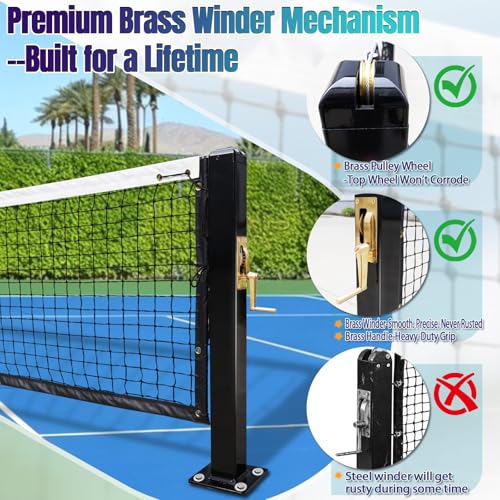 Seliyoo Professional Pickleball Net System for Tournament Courts -22FT Regulation Heavy Duty Carbon Steel Posts with Premium Cast Brass Winder,Handle,Pulley - Indoor/Outdoor Surface Mount - color: Black