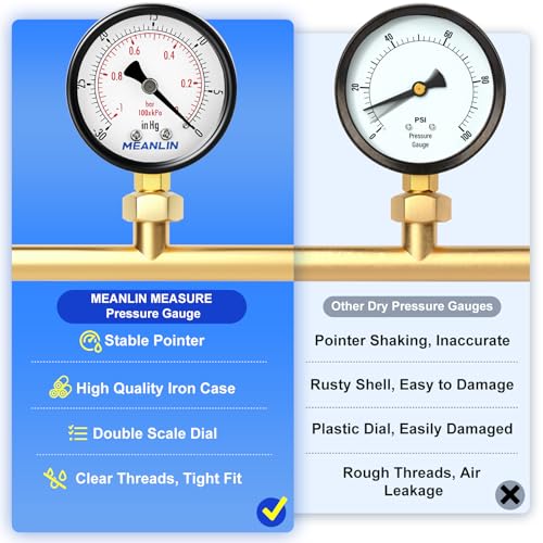 -30inHG~0Psi Dry Vacuum Pressure Gauge, 2" DIAL FACE 1/4" NPT WOG Water Oil Air Pressure Test, Lower Mount, with 1/2" NPT and 3/8" NPT Hex Bushing - size: -30inHG-0Psi, style: 1/4"NPT Lower Mount