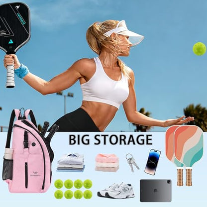 Pickleball Bag for Women Men Pickle Ball Backpack,Adjustable Sling Bag/Backpack for Tennis & Pickleball - color: Pink