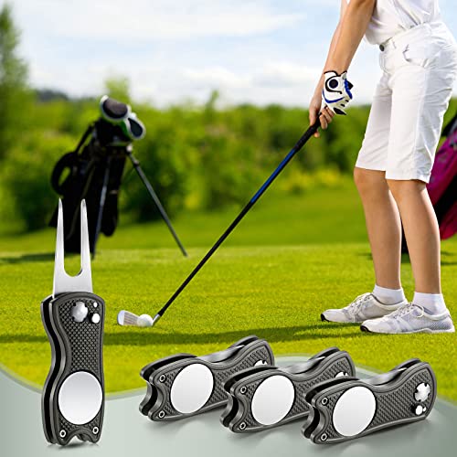 Skylety 4 Pcs Golf Divot Repair Tool Metal Foldable Golf Divot Tool with Magnetic Pop-up Button Ball Marker Stainless Steel Switchblade for Golfers Prizes - color: Gray
