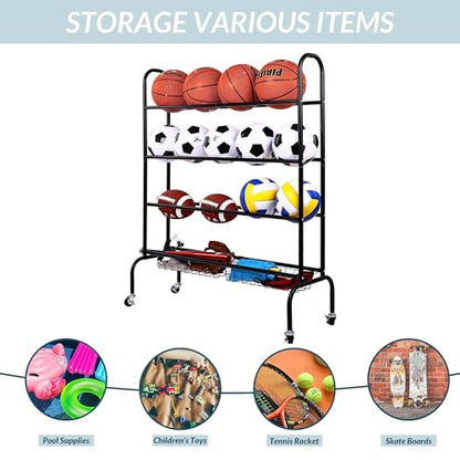 Fitvids Garage Sports Equipment Organizer, Garage Ball Storage, Sports Gear Storage, Garage Organizer with Baskets and Hooks, Rolling Sports Ball Storage Cart, Black, Steel - style: 4-Tier