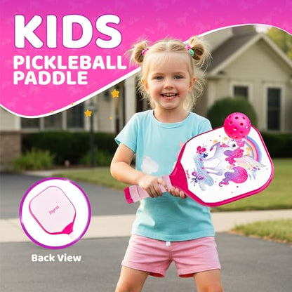 Joycat Kids Pickleball Paddles Set of 2, Lightweight Plastic Cute Pickleball Paddles with Small Grip, 2 Pickleballs, 1 Drawstring Bag,Indoor Outdoor Sport Gift for Kids,Beginner - style: Unicorn
