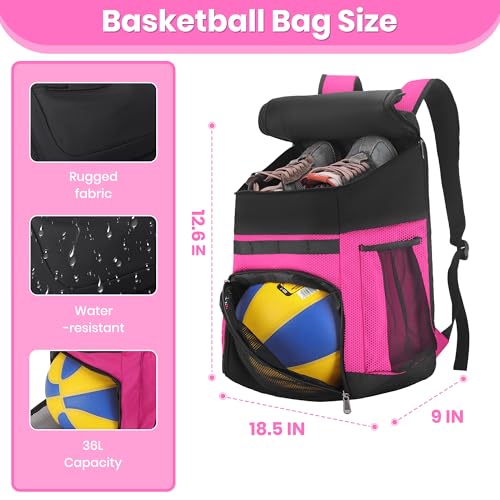 Hsmihair Basketball Backpack Large Sports Bag for Men&Youth,Gym Bag with Separate Ball & Shoes Compartment,Travel Bag for Basketball,Soccer,Volleyball - color: Pink