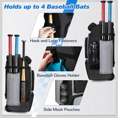 GOBUROS Rolling Baseball Backpack with Wheels, Softball Catchers Equipment Bag Holds 4 Bats, Roller Baseball Backpack with Shoe Compartment and Multiple Pockets for Baseball Gear with Fence Hooks